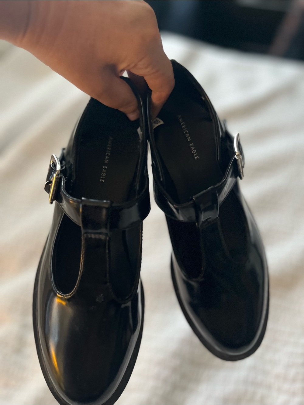 American Eagle Outfitters Black Patent T-Strap Loafers